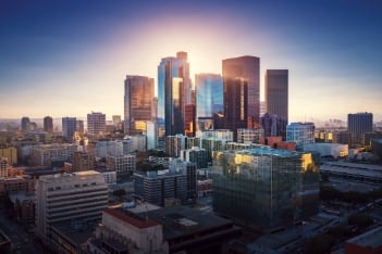 Sunset over Los Angeles downtown.