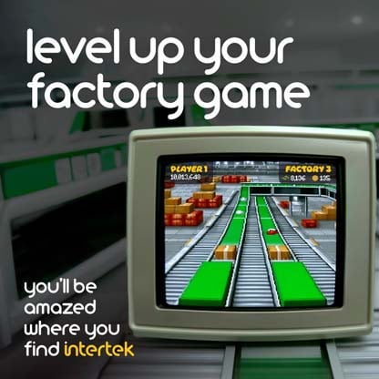 Retro computer monitor displaying a video game-like factory conveyor belt, with "level up your factory game" text and Intertek logo.