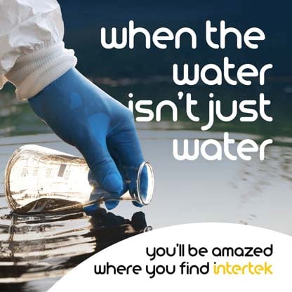 Gloved hand dipping a beaker into a lake with the phrase "when the water isn’t just water" and Intertek branding.